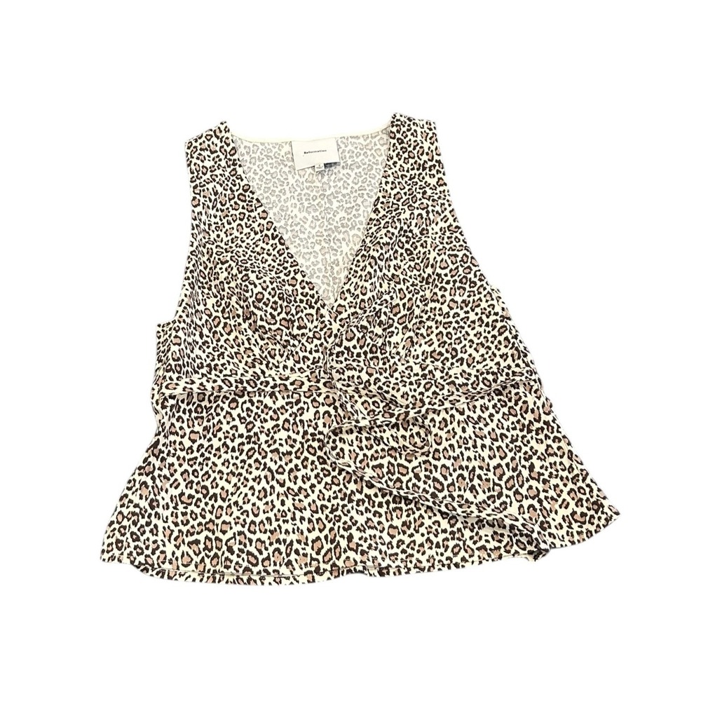 Reformation Leopard Print Tank Top Sleeveless Plunge V-Neck Tie Waist Women 2